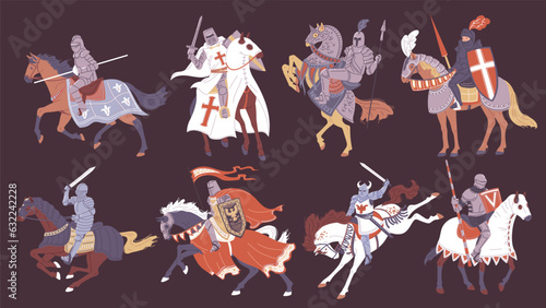 Set of vector isolated illustrations of medieval knights wearing armor, sword in hand riding horse in protective suit.