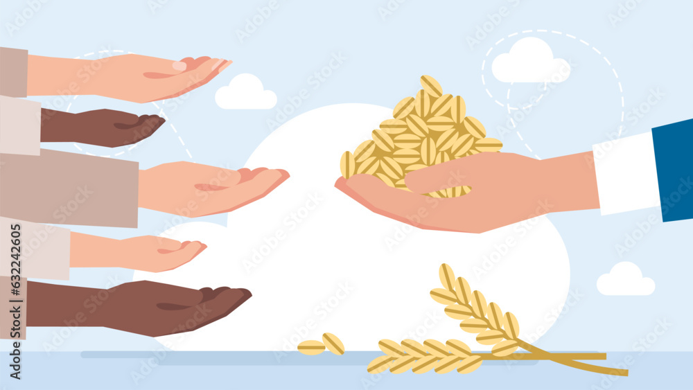 People of different nationalities beg and ask for food. A man holds a full handful of grain. Aid to poor countries. Famine. Food crisis. Poverty. Begging. Volunteering. Vector flat illustration People of different nationalities beg and ask for food. A man holds a full handful of grain. Aid to poor countries. Famine. Food crisis. Poverty. Begging. Volunteering. Vector flat illustration