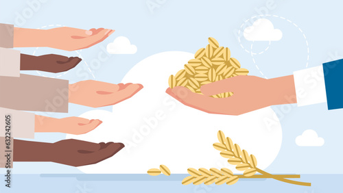 People of different nationalities beg and ask for food. A man holds a full handful of grain. Aid to poor countries. Famine. Food crisis. Poverty. Begging. Volunteering. Vector flat illustration