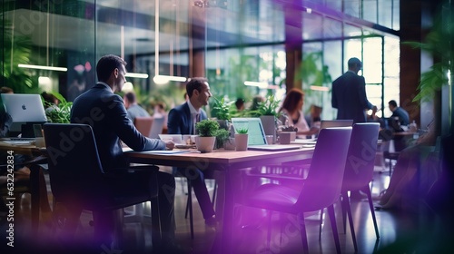 business people meeting at table. Abstract blurred office interior space background. purple colors. Business concept