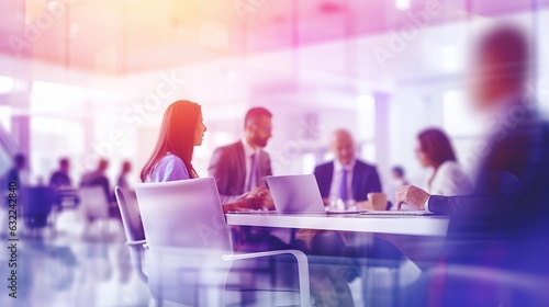 business people meeting at table. Abstract blurred office interior space background. purple colors. Business concept