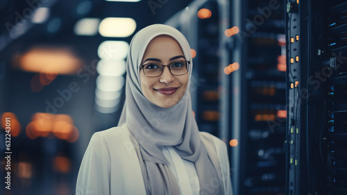 Middle Aged Multi Ethnic Female IT Specialist in Hijab is standing in Data Center Next to Server Racks and Looking at the Camera. Modern woman in the IT world. Generated Ai.