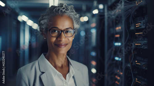 Middle Aged Female IT Specialist is standing in Data Center Next to Server Racks and Looking at the Camera. The woman is gaining a new profession. Generated Ai.