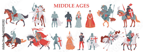 Set of vector isolated illustrations of medieval knights, king and lord, queen and princess, chevaliers and warriors