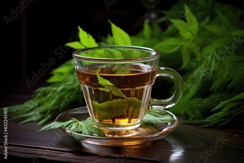 herbal tea in glass cup with plant leaves