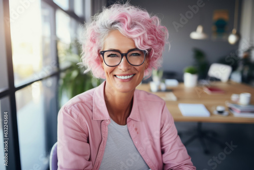 Portrait of young female programmer with perfect smile looking at camera while standing at her workplace. Modern woman in the IT world. Generated Ai.