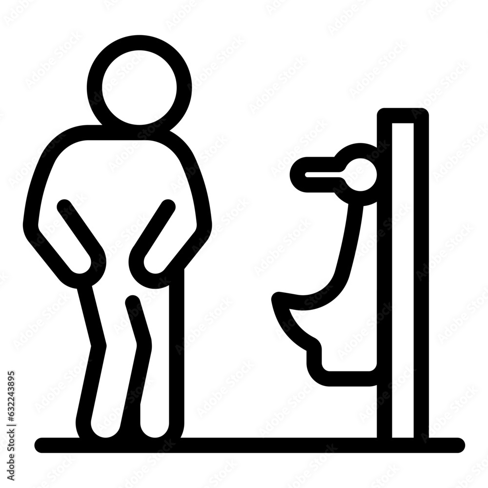 Classic toilet bowl and man line icon. Guy eager to use lavatory stands