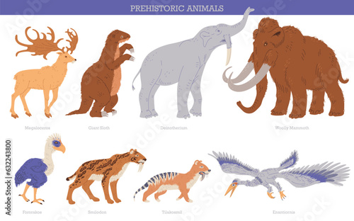 Set of vector illustrations of prehistoric period animals and birds with titles, isolated on white background
