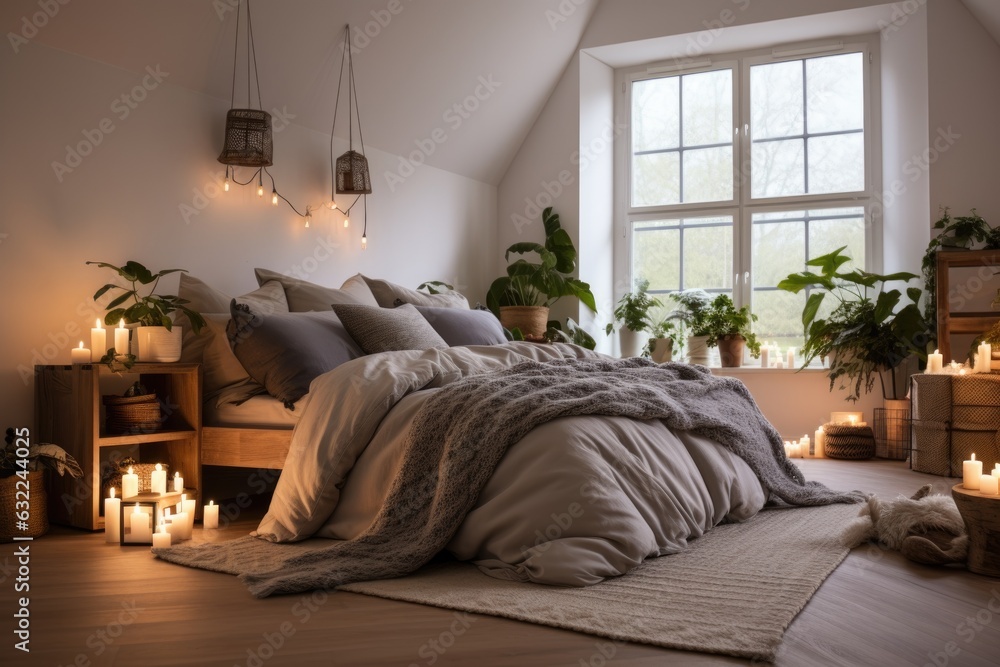 a hygge-inspired minimalist bedroom with candles and plants