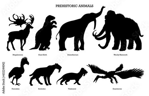 Fototapeta Naklejka Na Ścianę i Meble -  Set of prehistoric animals black silhouettes, vector illustration isolated on white background.