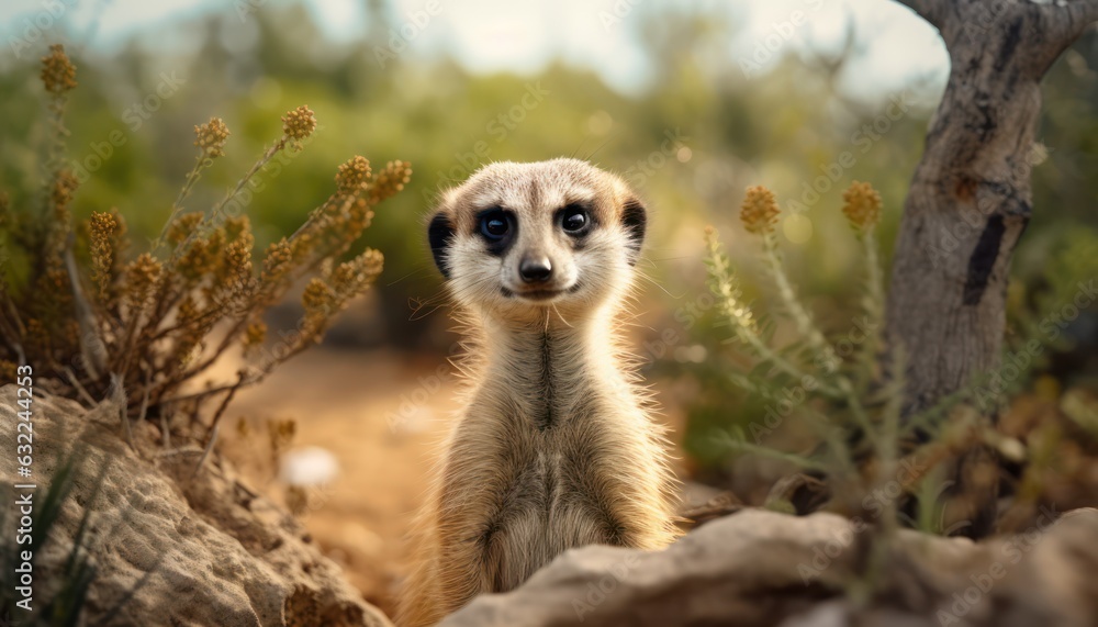 Fototapeta premium Photo of a meerkat standing tall on its hind legs