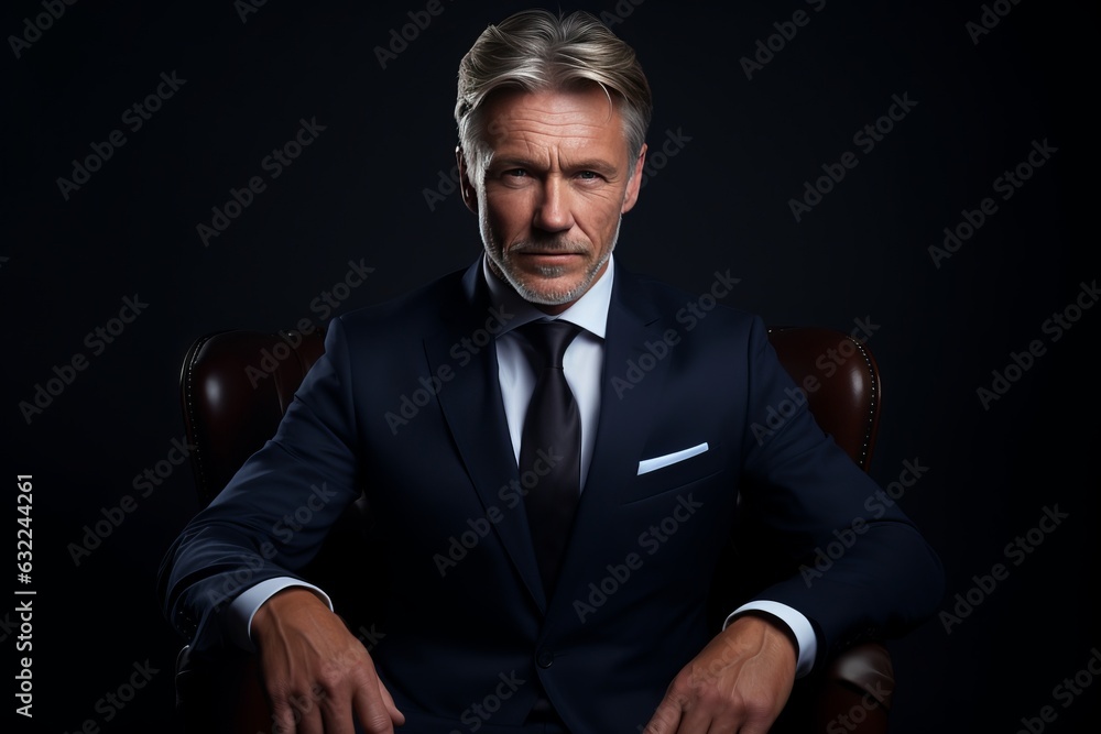 a studio portrait of a charismatic mature middle-aged caucasian man with silver hair, a businessman working in finance. CEO of CFO model. Dark blue background a studio portrait of a charismatic mature middle-aged caucasian man with silver hair, a businessman working in finance. CEO of CFO model. Dark blue background