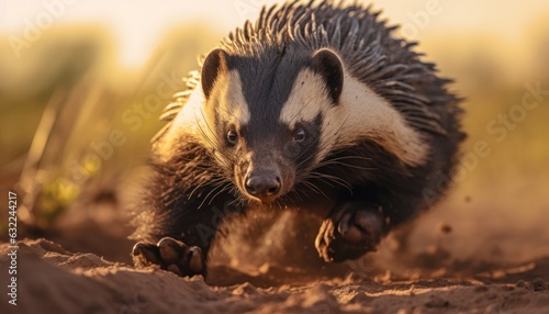 Photo of a running honey badger captured in action photo