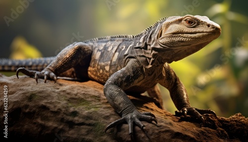 Photo of a nile monitor lizard perched on a rock in its natural habitat