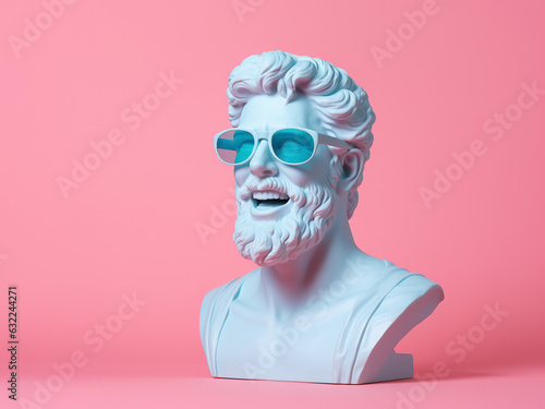 Ancient bust of a smiling man in sunglasses.