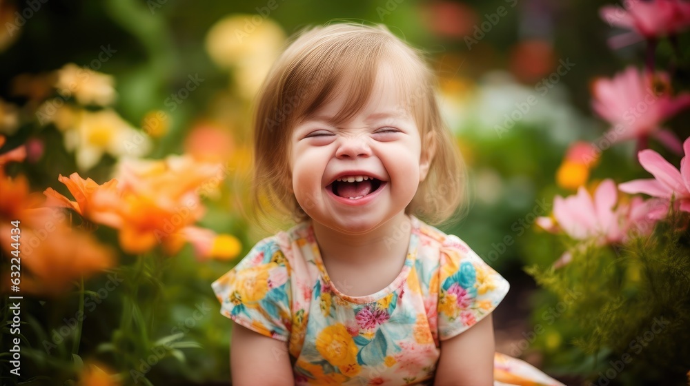 Happy down syndrome little girl walking in a flower garden Happy down syndrome little girl walking in a flower garden