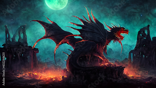 Illustration of a dragon in a dark fantasy style on a dark background. Game character. 4K wallpaper