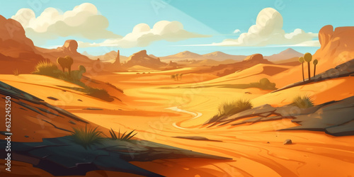   artoon yellow african sahara desert landscape background with cloudy sky  sandy dune  single plants and dry mountains rock cliffs  generated ai