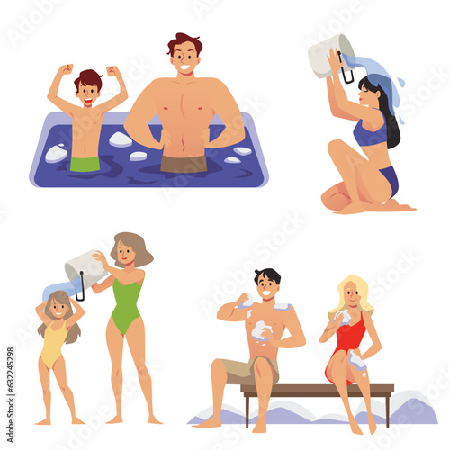 People maintain health through hardening procedures, flat vector isolated.