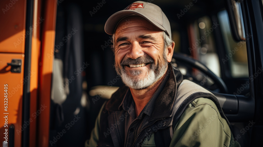 Portrait of a smiling senior man driver standing in the back of a truck. Portrait of a smiling senior man driver standing in the back of a truck.