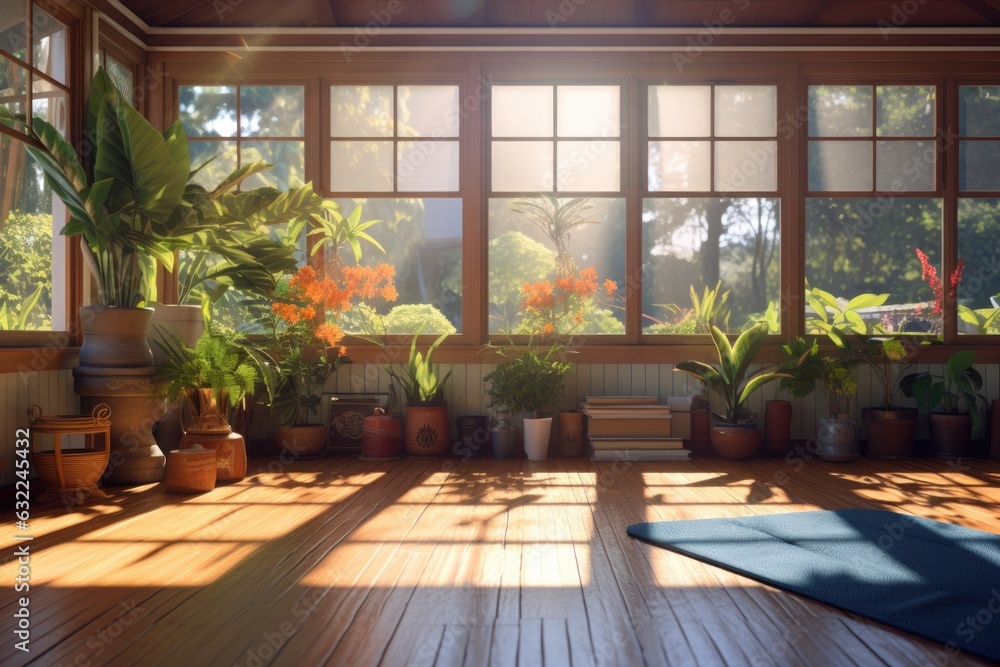 sunlight streaming into a serene home yoga space
