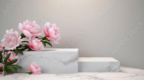 Fototapeta Naklejka Na Ścianę i Meble -  white step podium with peony flowers