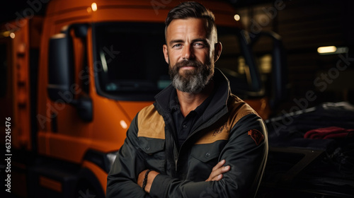 Portrait of a confident male driver standing with crossed arms in front of a truck.