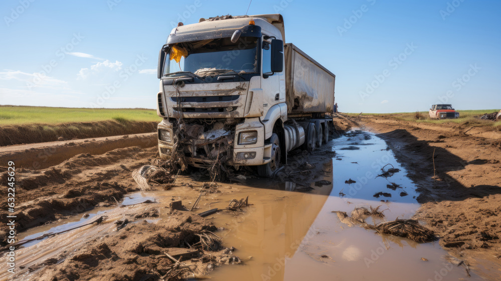 Dump truck in muddy puddle after accident. Dump truck in muddy puddle after accident.