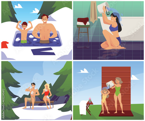 People hardening, set of scenes - flat vector illustration.