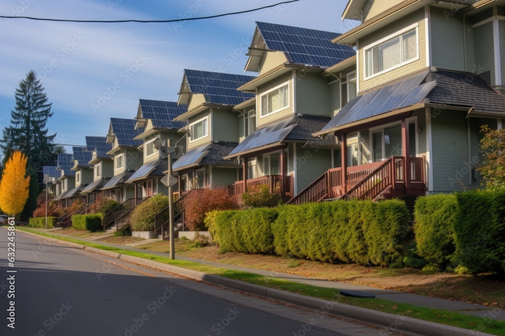 row of solar panels in a suburban neighborhood row of solar panels in a suburban neighborhood