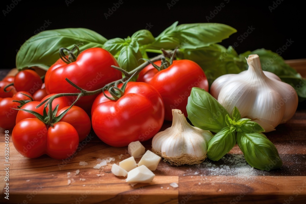 close-up of fresh tomatoes, garlic, and basil on a wooden board close-up of fresh tomatoes, garlic, and basil on a wooden board