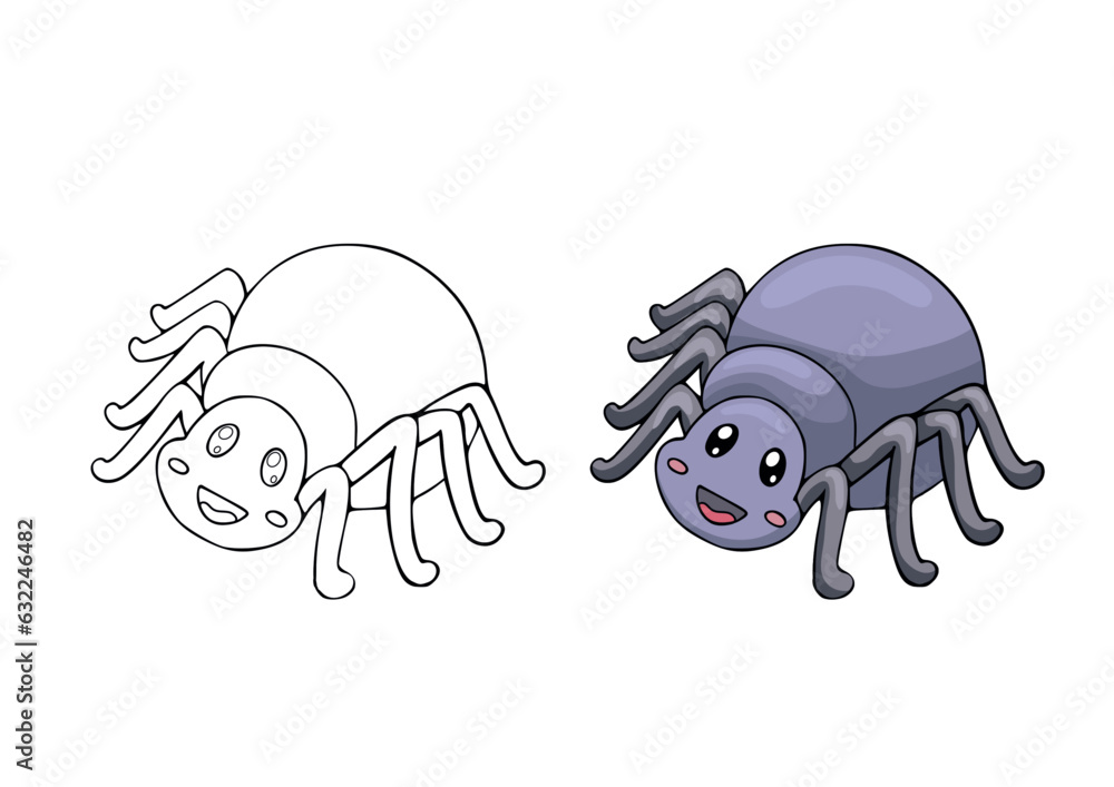 Coloring page for book of cute cartoon spider. Kids drawing page with ...