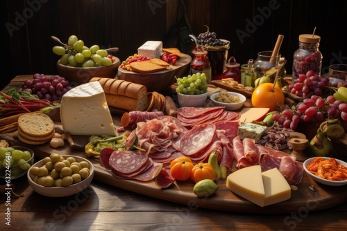 a variety of deli meats, cheese, and veggies spread out