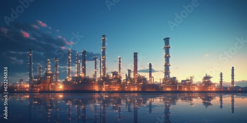 Oil refinery plant for crude oil industry on desert in evening twilight, 