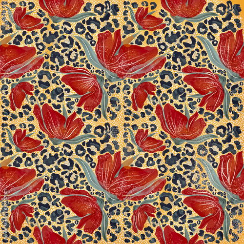 Trendy floral animalistic seamless textile print. Animal skin pattern and floral ornament flowers fabric background. Warm rich colors