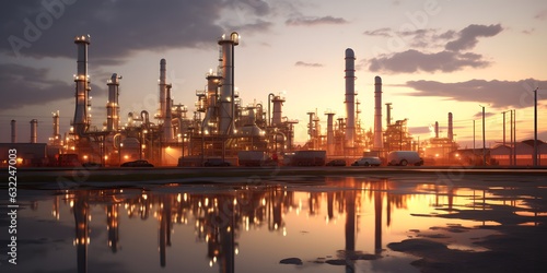 Oil refinery plant for crude oil industry on desert in evening twilight, 