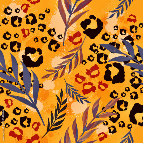 Trendy floral animalistic seamless textile print. Animal skin pattern and floral ornament flowers fabric background. Warm rich colors