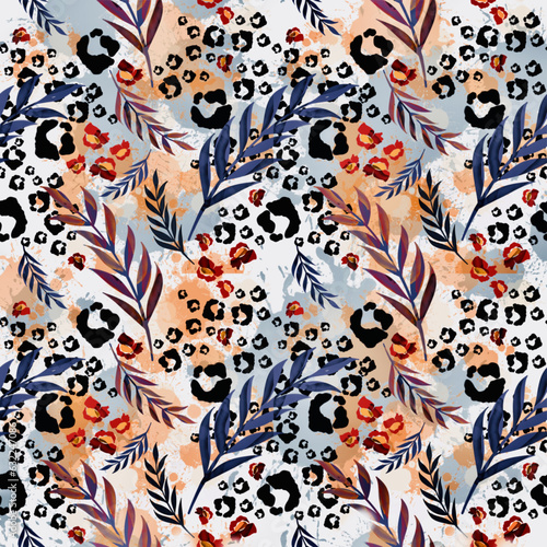 Trendy floral animalistic seamless textile print. Animal skin pattern and floral ornament flowers fabric background. Warm rich colors