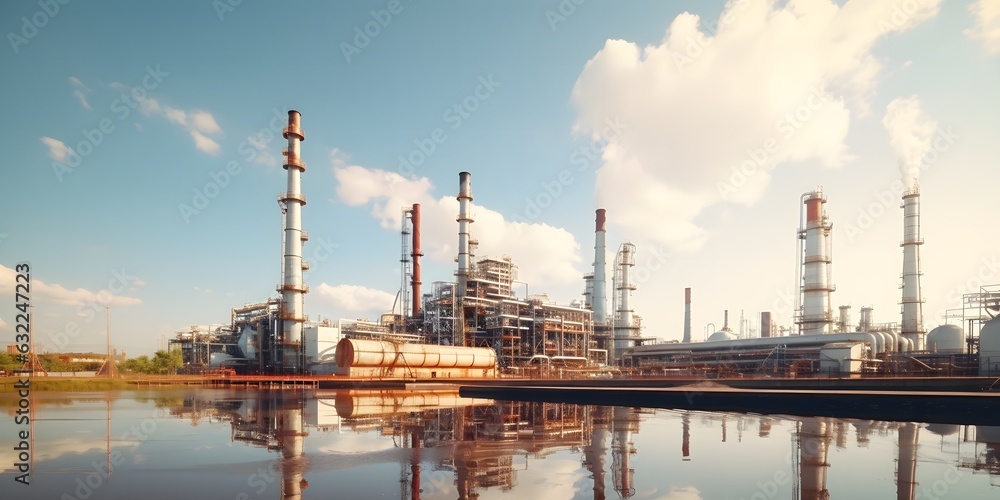 Fototapeta premium Oil refinery plant for crude oil industry on desert in evening twilight, 