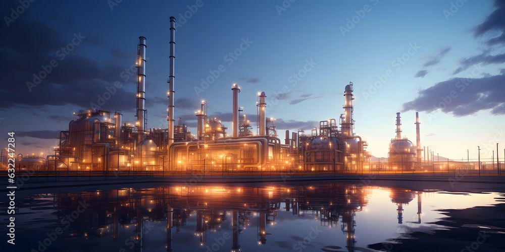 Oil refinery plant for crude oil industry on desert in evening twilight, Oil refinery plant for crude oil industry on desert in evening twilight,