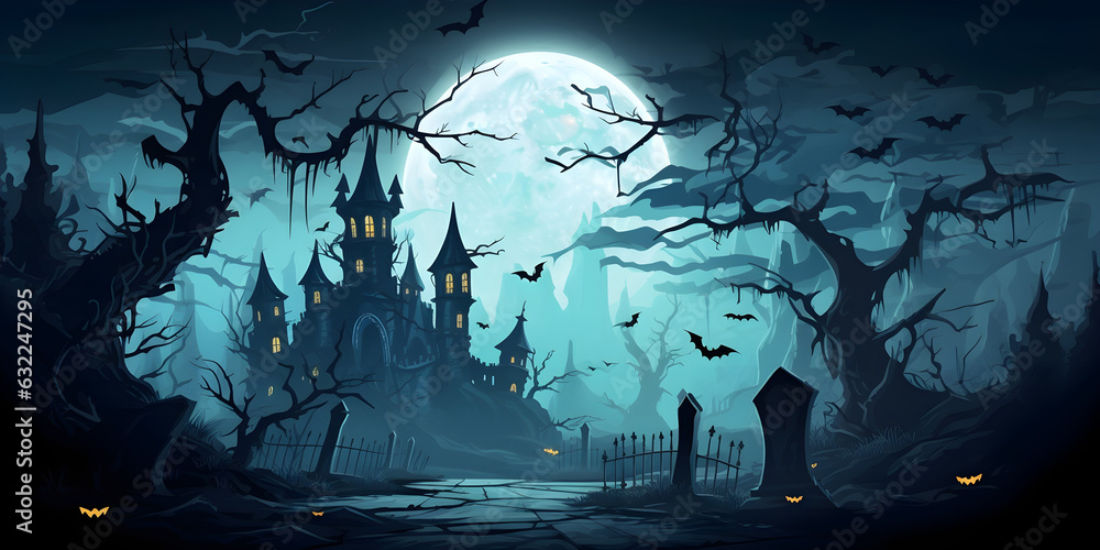 Halloween spooky background outside scene. Scary graveyard in creepy