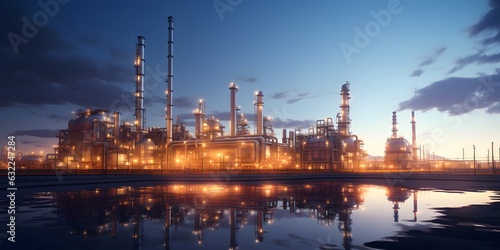 Oil refinery plant for crude oil industry on desert in evening twilight, 