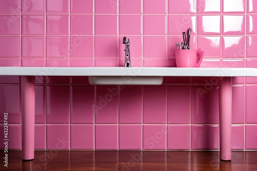 Fotografiet Mur en carreaux roses à fond en damier texture du sol de la salle de bain