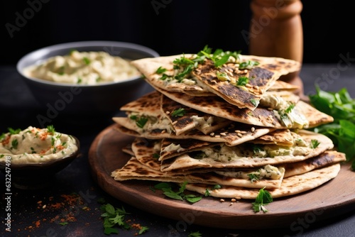 toasted pita bread triangles with baba ganoush spread