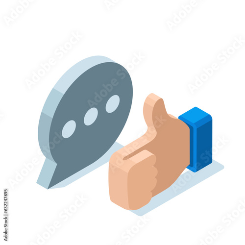 isometric like and comment icon in color on white background, good comment or review