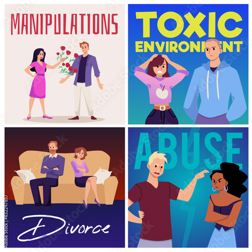 Angry people arguing, couples in bad relationships - posters set, flat vector illustration.