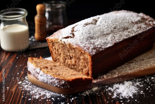 banana bread with a dusting of powdered sugar