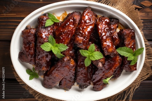 overhead view of glazed bbq ribs on plate