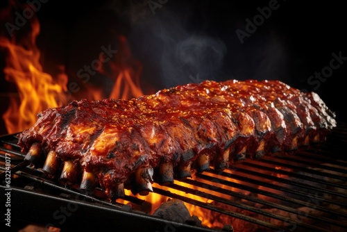 bbq ribs on grill with flames and smoke