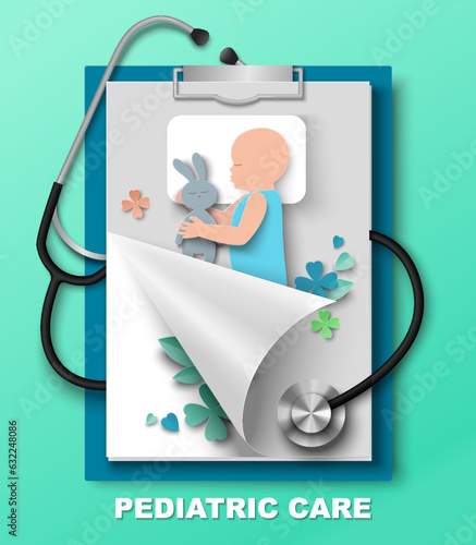 Pediatric care paper cut 3d craft vector poster